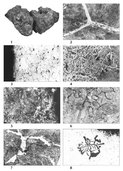 A Sopron I. jelű ékelt vasbuca és metallográfiai  csiszolatainak  fotói Rozsnoki Zsuzsanna (1979) nyomán (Gömöri 2000, XXIII. tábla)